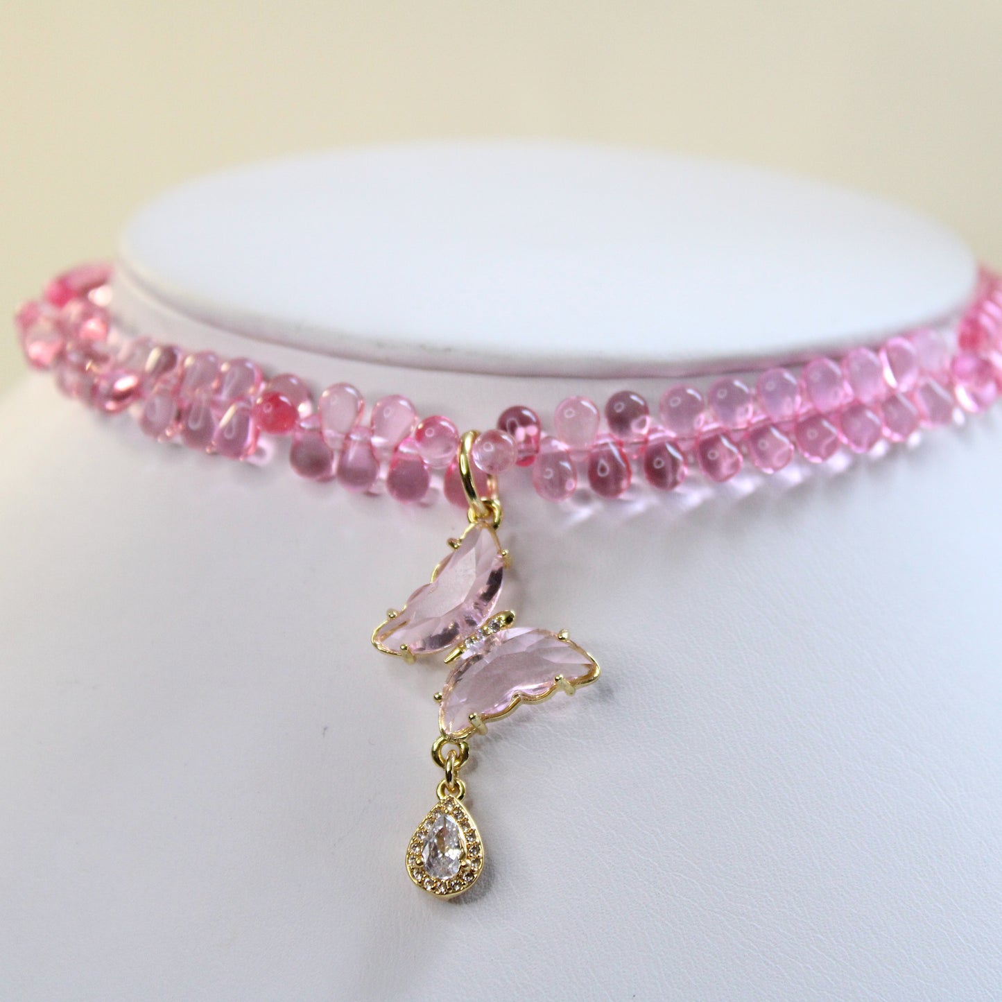 Pink Butterfly Teardrop Necklace