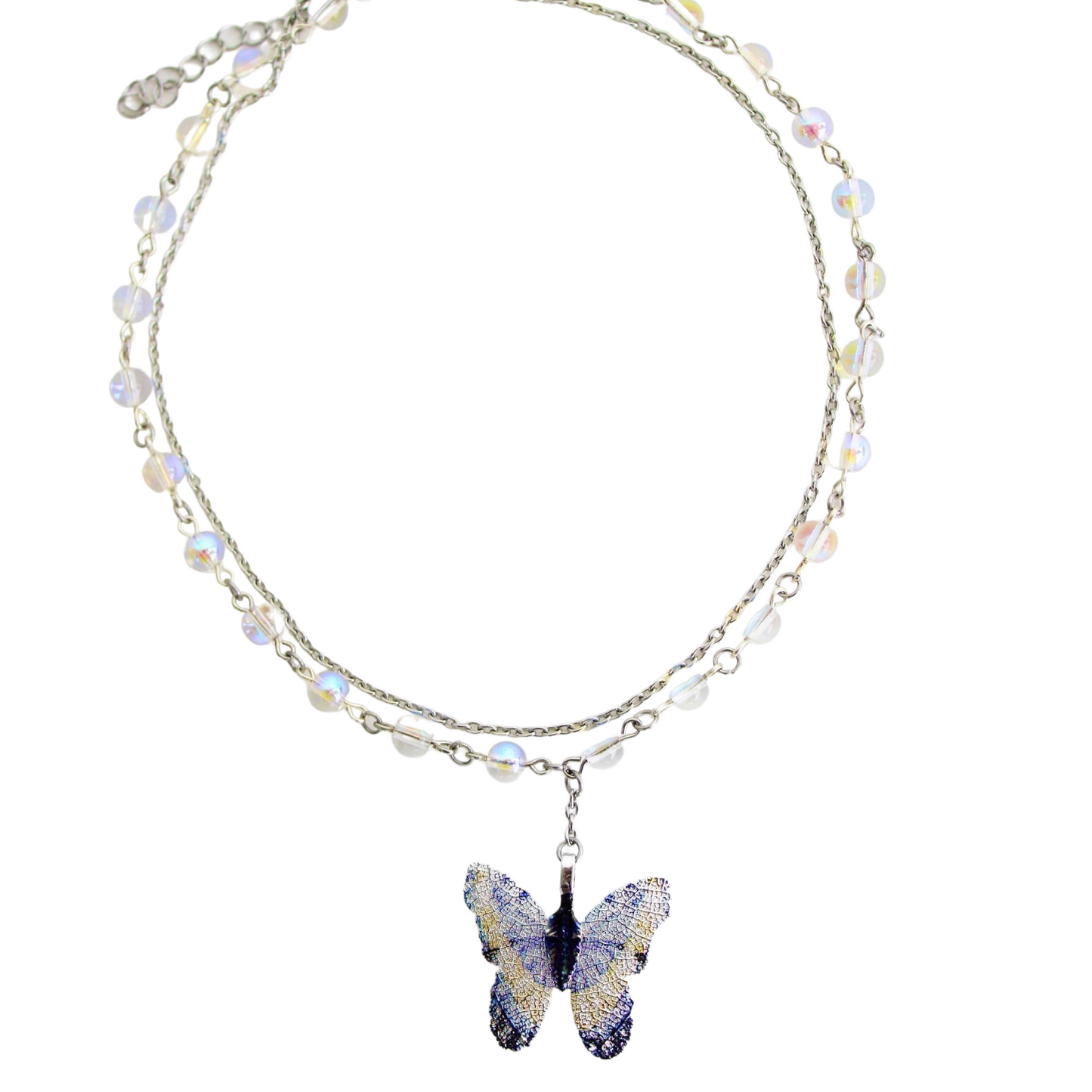Blue Butterfly Necklace with Iridescent Beads