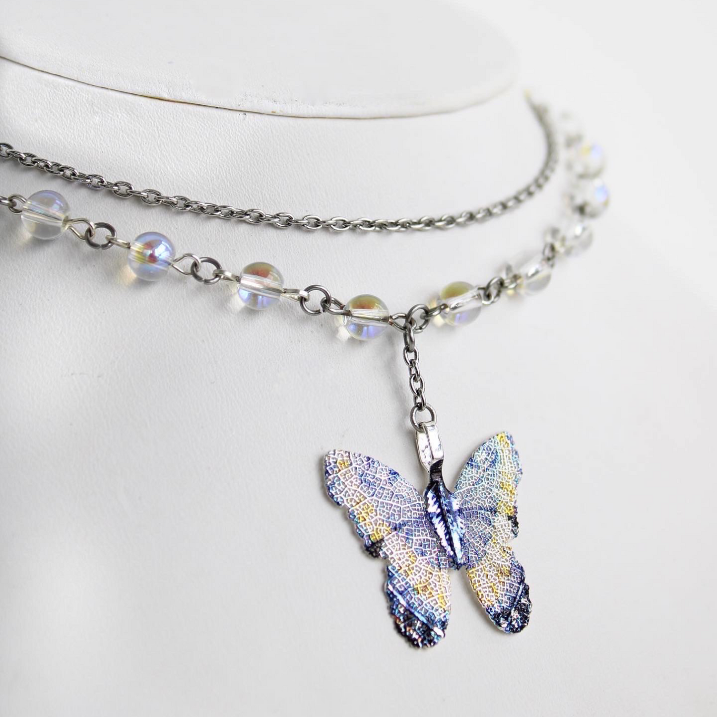 Blue Butterfly Necklace with Iridescent Beads
