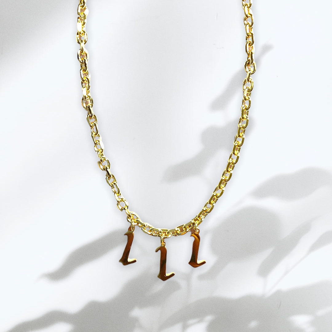 111 angel number necklace. 18k gold plated angel number necklace, 111 18 gold plated charms, 18k gold plated rope chain